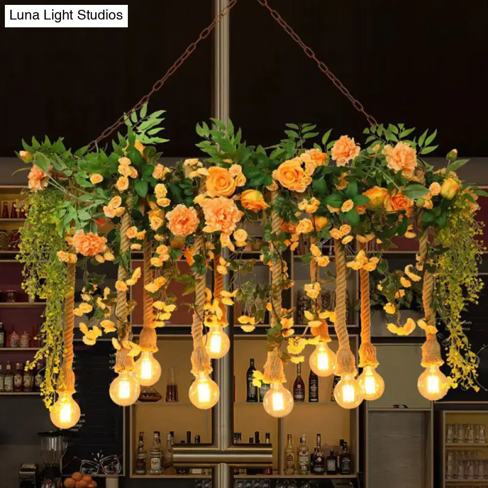 DecorBites pendant light with pink flower and vine hemp rope featuring orange roses for dining room cottage island décor