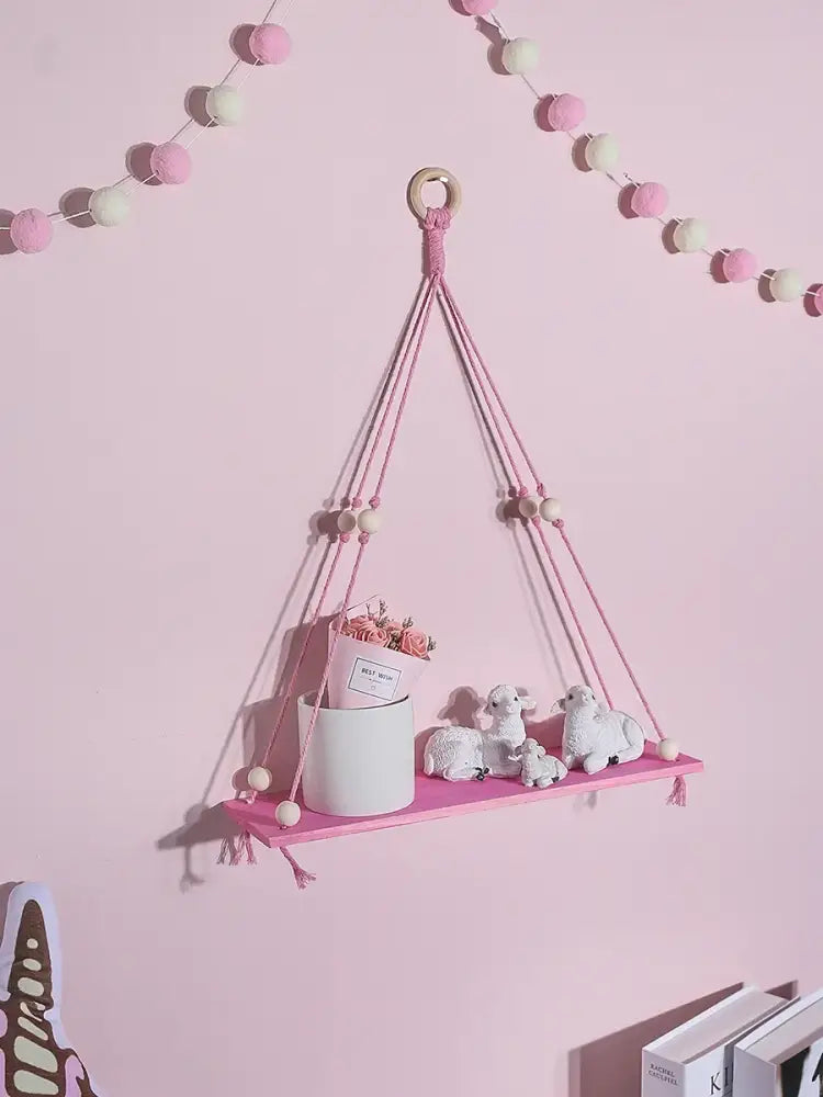 Decorbites™ pink green wooden macrame hanging shelf with wooden ring and white beads for kids room wall decor