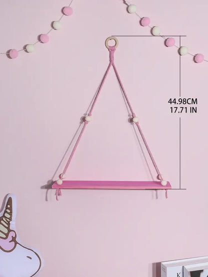 Pink green wooden decorbites™ macrame hanging shelf with wooden beads and circular top ring for kids room wall decor