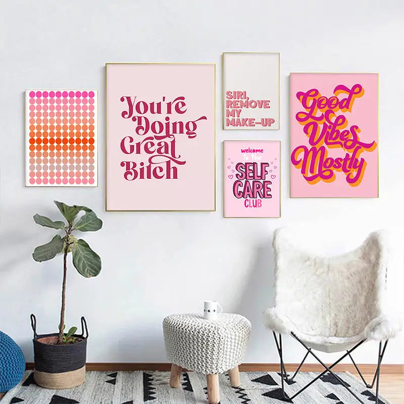 Decorbites™ pink makeup funny quote art poster with pink and orange gradient dot design and gold frame art poster