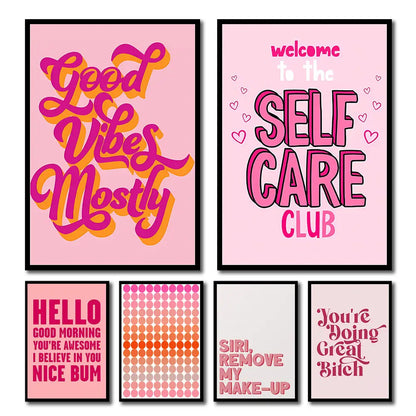Set of six framed pink and magenta DecorBites™ quote art posters with bold playful typography for wall decor