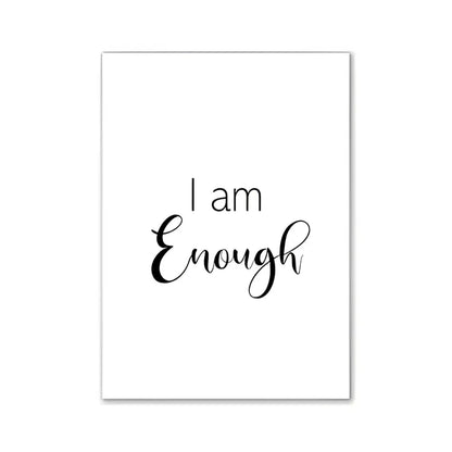 White rectangular print wall art with i am enough in black cursive script for modern pink aesthetic girls room decor