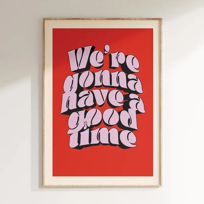 Decorbites™ pink music lyrics wall art canvas with bold 3d lettering on red background in a light wooden frame wall art canvas