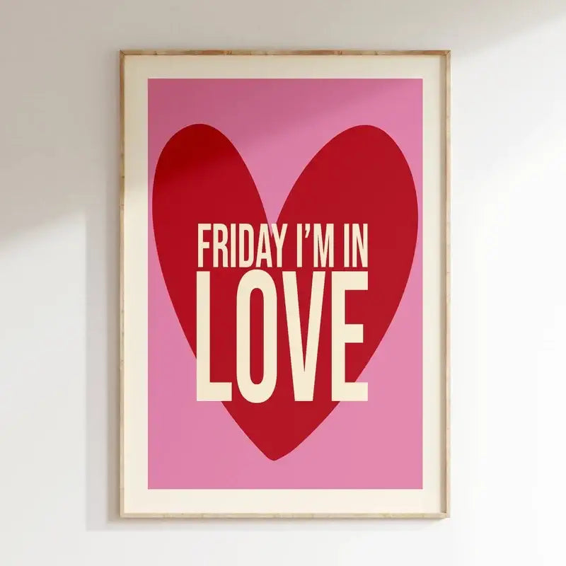 Decorbites pink music lyrics wall art canvas featuring bold cream text and a red heart on a soft pink background