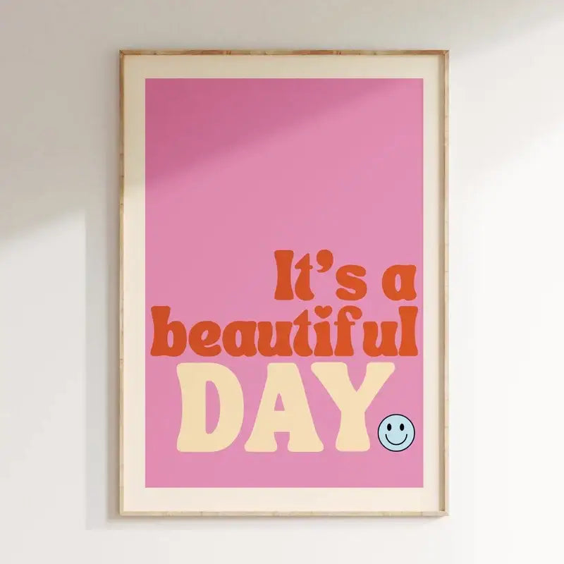 Decorbites™ pink music lyrics wall art canvas with bold orange and cream text and blue smiley face design