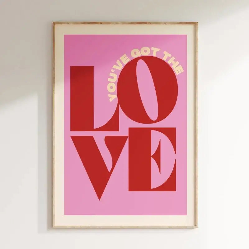 Framed decorbites™ pink music lyrics wall art canvas with bold red love typography on a pink wall art canvas background