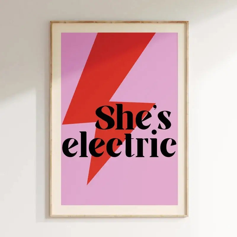 Decorbites™ pink music lyrics wall art canvas featuring a bold red lightning bolt and she’s electric text in black serif font