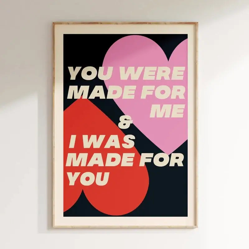 Decorbites™ pink music lyrics wall art canvas with bold pink and red hearts and cream text on black background wall art canvas