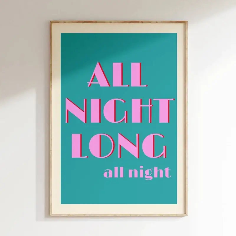 DecorBites pink music lyrics wall art canvas with bold pink text on teal background in a light wood frame