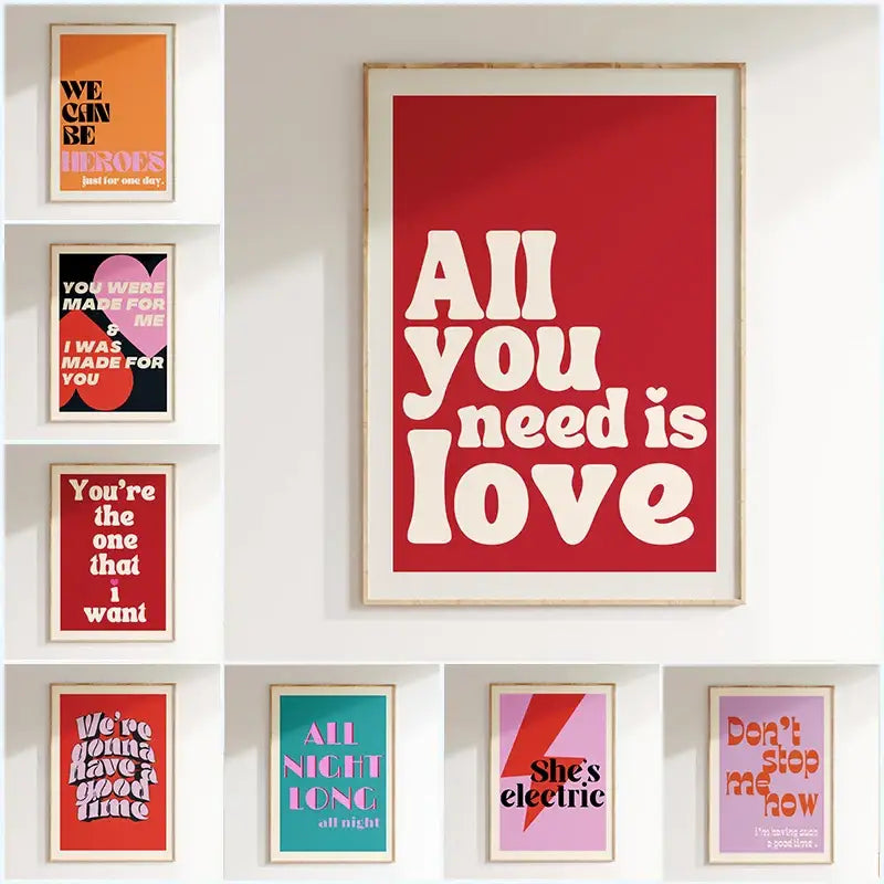 Red framed DecorBites™ pink music lyrics wall art canvas with bold white text reading all you need is love wall art canvas