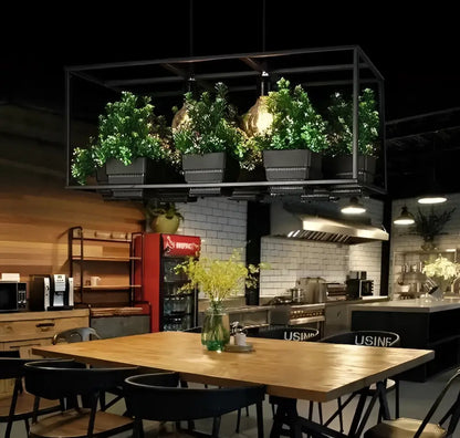 Decorbites™ planter light chandelier with black metal frame housing multiple green potted plants in industrial style