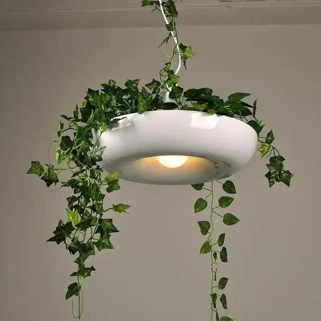 White ceramic planter pendant lighting with cascading green ivy vines by DecorBites™ for elegant indoor decor