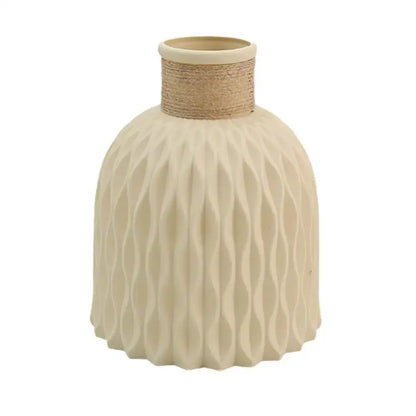Cream-colored ceramic DecorBites™ flower arrangement vase with textured waves and natural rope band for plastic vase decor