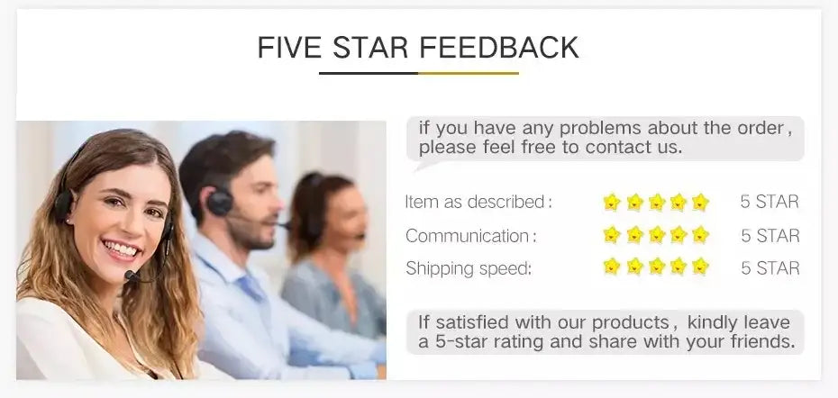 Five-star feedback graphic with smiling representative showcasing customer ratings for DecorBites plastic flower vases