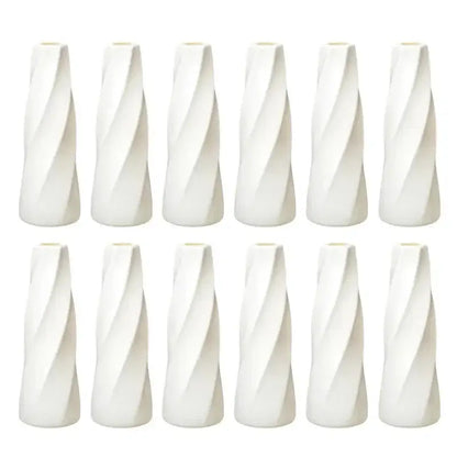 Set of ten white plastic flower vases with a sleek twisted spiral design from decorbites plastic flower vases collection
