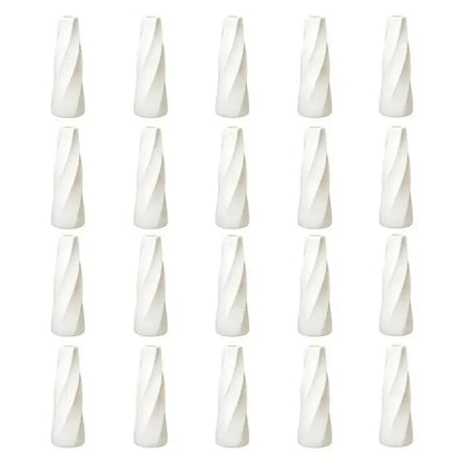 Set of twenty white twisted plastic flower vases in four rows from decorbites plastic retro flower vases 6-20 pack