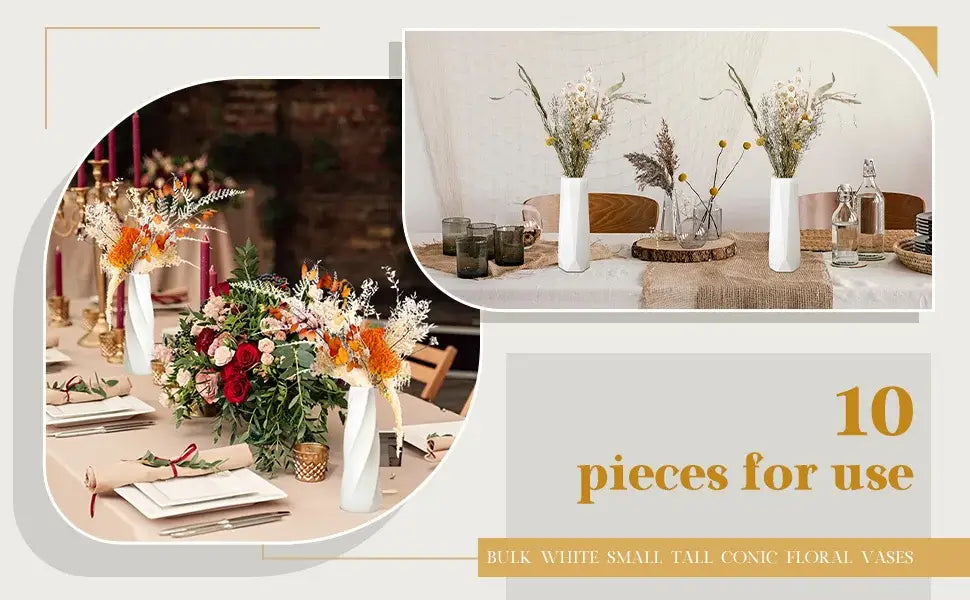 White ceramic conical floral flower vases with smooth glossy finish featured in decorbites plastic flower vases 6-20 pack