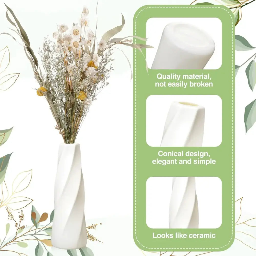 White ceramic flower vase with a conical twisted design from DecorBites plastic flower vases 6-20 pack collection