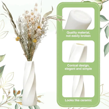 White ceramic flower vase with a conical twisted design from DecorBites plastic flower vases 6-20 pack collection