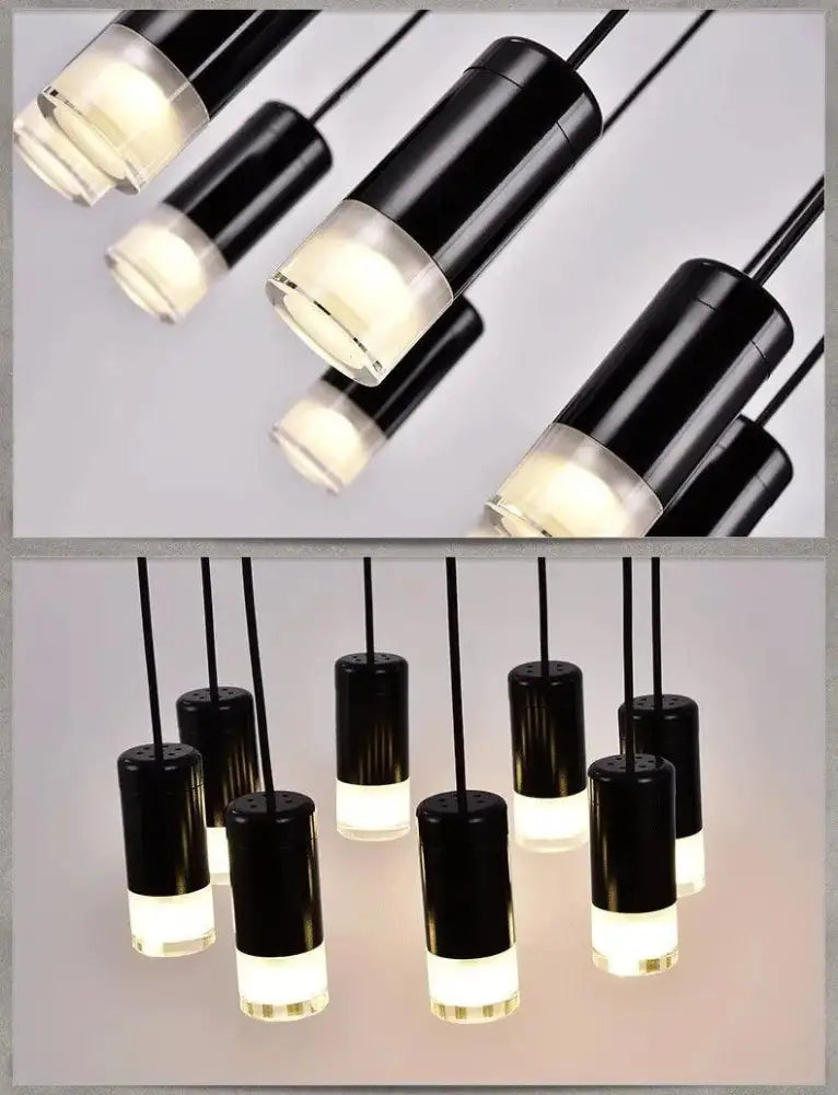 Decorbites™ plug-in hanging lights featuring black cylindrical bodies with frosted glass ends and warm white led illumination