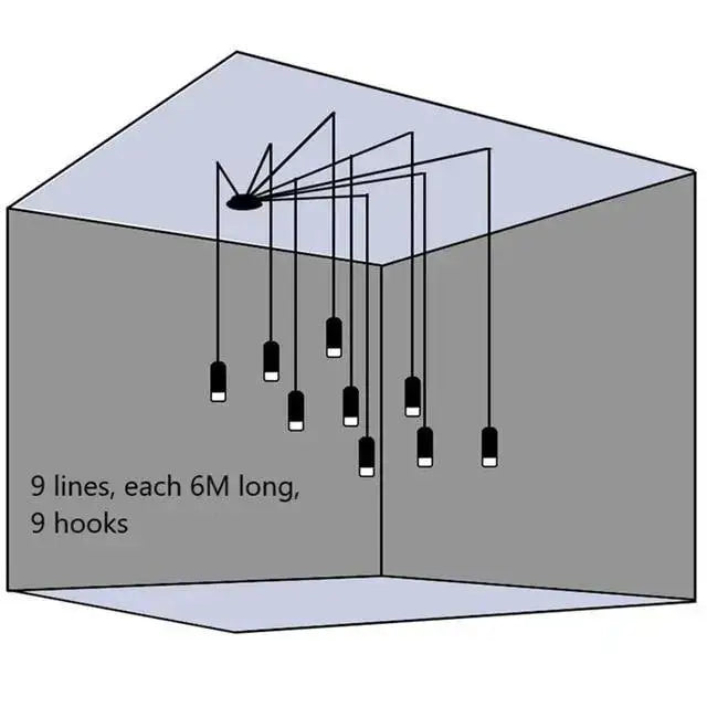 Nine black hooks suspended by 6 meter lines from a central ceiling mount in decorbites™ plug-in hanging lights design