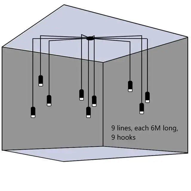 DecorBites™ plug-in hanging lights featuring nine black pendant lights with white bases on 6-meter lines