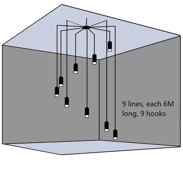 Nine black and white DecorBites™ plug-in hanging lights hang from a central fixture in an illustrated room
