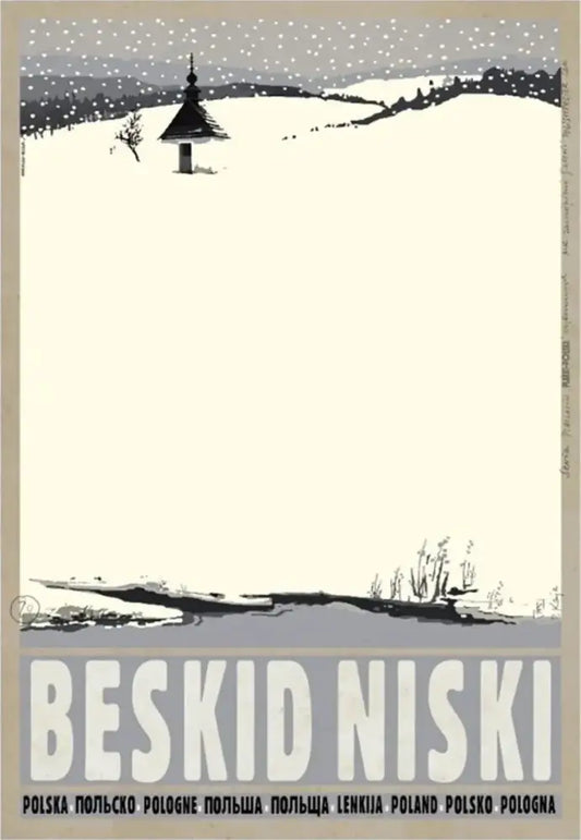 Vintage-style black and white canvas print of beskid niski snow-covered landscape with chapel for poland city posters