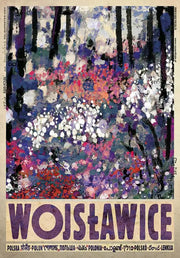 Vibrant abstract floral wall art with purple pink blossoms and dark tree silhouettes on canvas from decorbites poland city vintage posters
