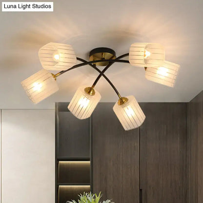 Modern decorbites semi-flush mount ceiling light with six off-white frosted glass shades and brass hardware