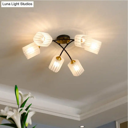 Decorbites post modern brass semi flush mount ceiling light with five frosted glass shades and ridged glass material