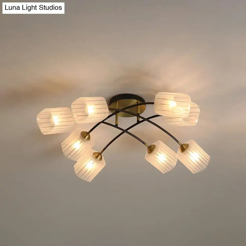 Decorbites™ post modern brass ceiling light with six frosted glass shades on dark metal semi-flush mount frame