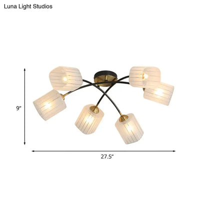 Decorbites™ post modern brass semi-flush mount ceiling light with six frosted glass ribbed shades and black arms