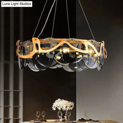 Decorbites™ postmodern circle pendant light with gold brass frame and layered glass discs for restaurant or island use light fixture