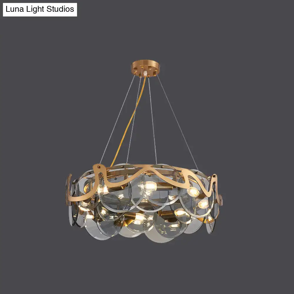 DecorBites postmodern circle pendant light with gold-toned brass and layered glass discs LED incandescent fluorescent fixture