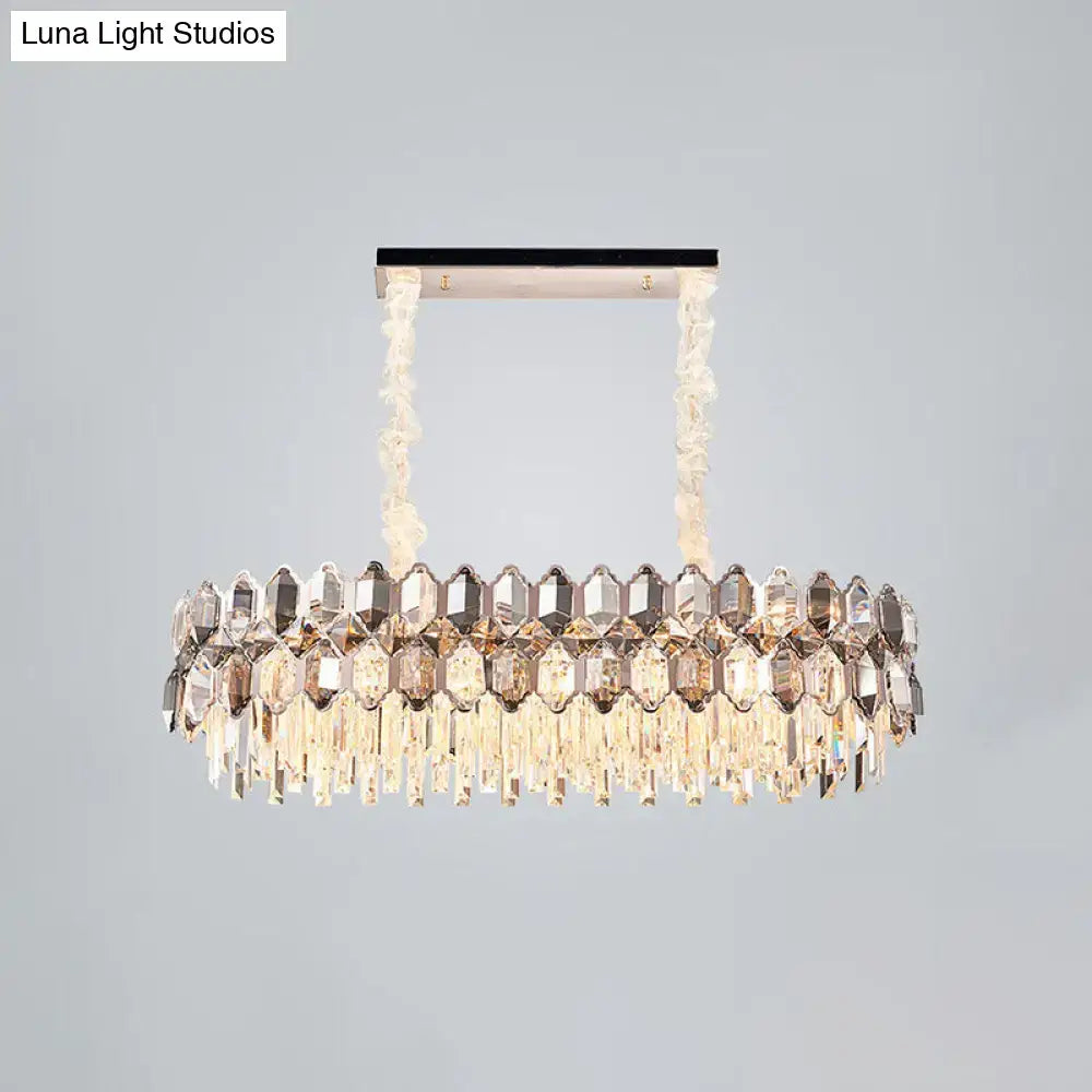 DecorBites™ postmodern crystal suspension island light fixture with chrome finish and cascading clear and smoked prisms