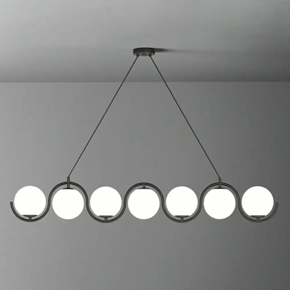 DecorBites™ postmodern black metal hanging lamp with six clear milk white glass shade bulbs in wavy design