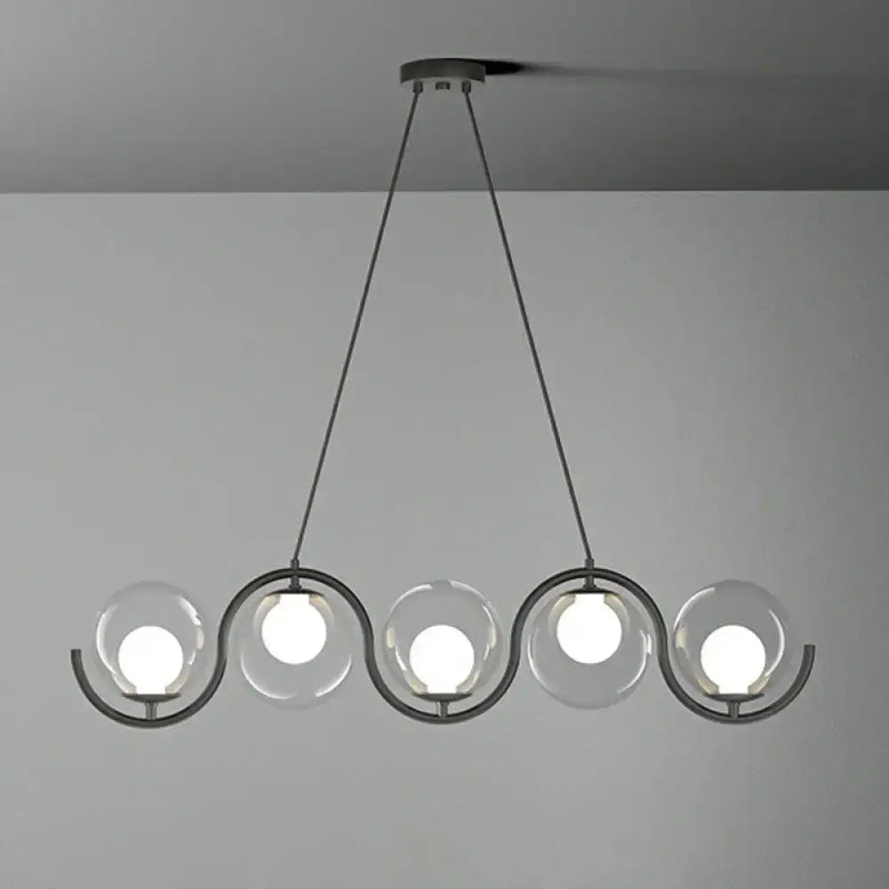 Modern black metal hanging lamp with five clear glass shade globes by DecorBites™ postmodern island light fixture