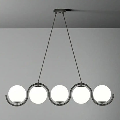DecorBites™ postmodern black metal hanging lamp with five clear milk white glass shades in a wavy arrangement