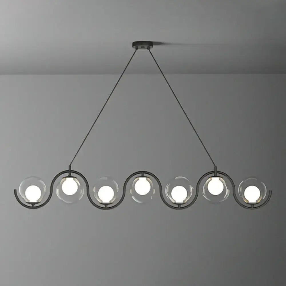 DecorBites™ postmodern hanging lamp with black metal frame and clear milk white glass shade featuring five curved spheres