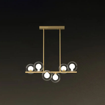 DecorBites™ postmodern led island light fixture with modern brass frame and five clear glass globe shades