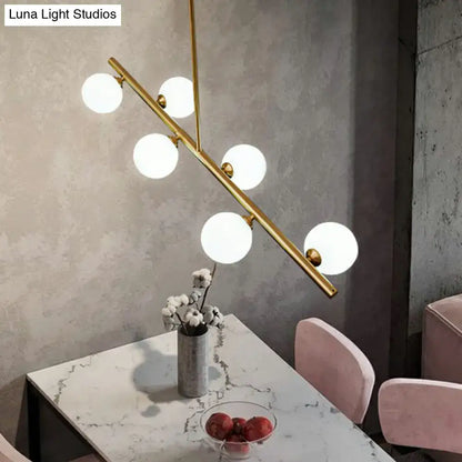 Decorbites™ postmodern linear island lamp pendant light with six white glass globes in brass for dining room lighting