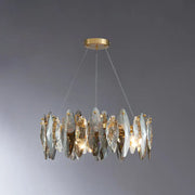 A modern postmodern smoke grey glass chandelier with gold ceiling mount and crystal slices for 220v-240v use