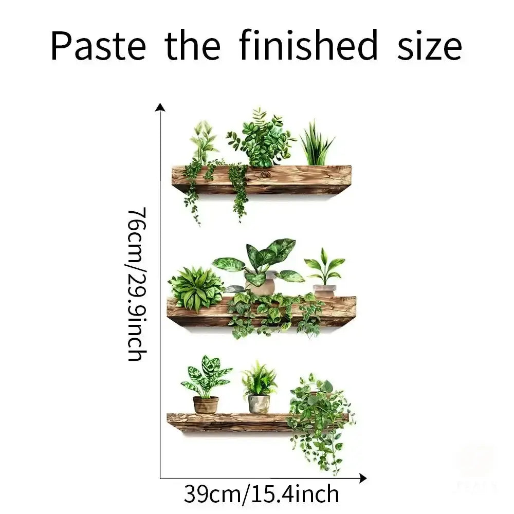 Rustic wooden wall shelf set with three tiers holding potted plant decorations in earthy-toned pots for home decoration with plant decals