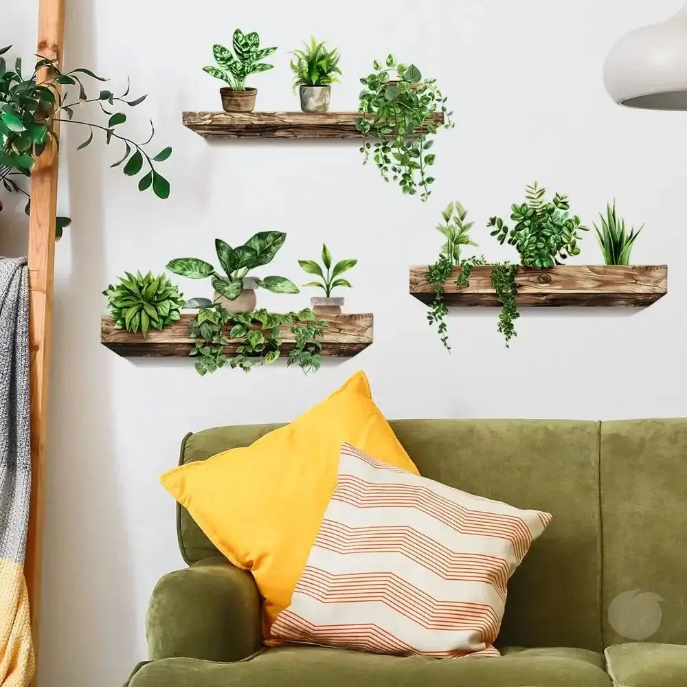 Wooden floating shelves with rustic finishes hold small ceramic potted plants for decorbites™ plant decals home decoration