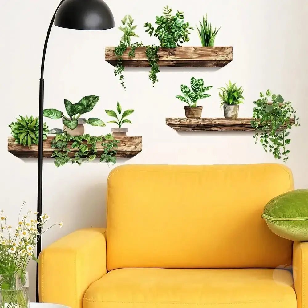 Wooden shelf with rustic finish holding various green potted plants for decorbites™ plant decals home decoration