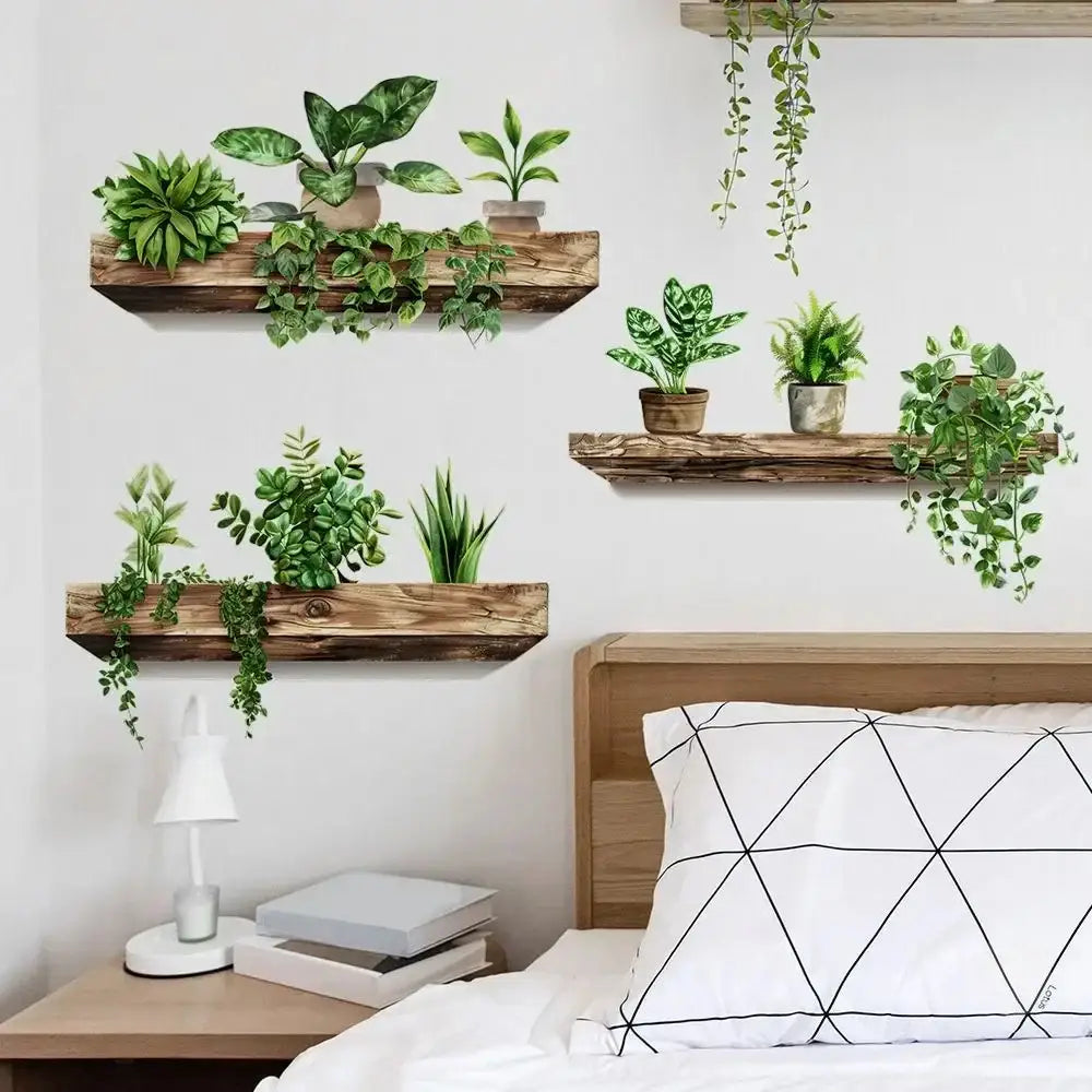 Wooden shelf with rustic finish holding green potted plants in ceramic pots for decorbites™ plant decals home decoration