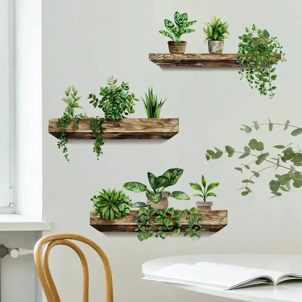 Wooden shelf wall decals with realistic green potted plant designs in rustic pots for diy home decoration by decorbites