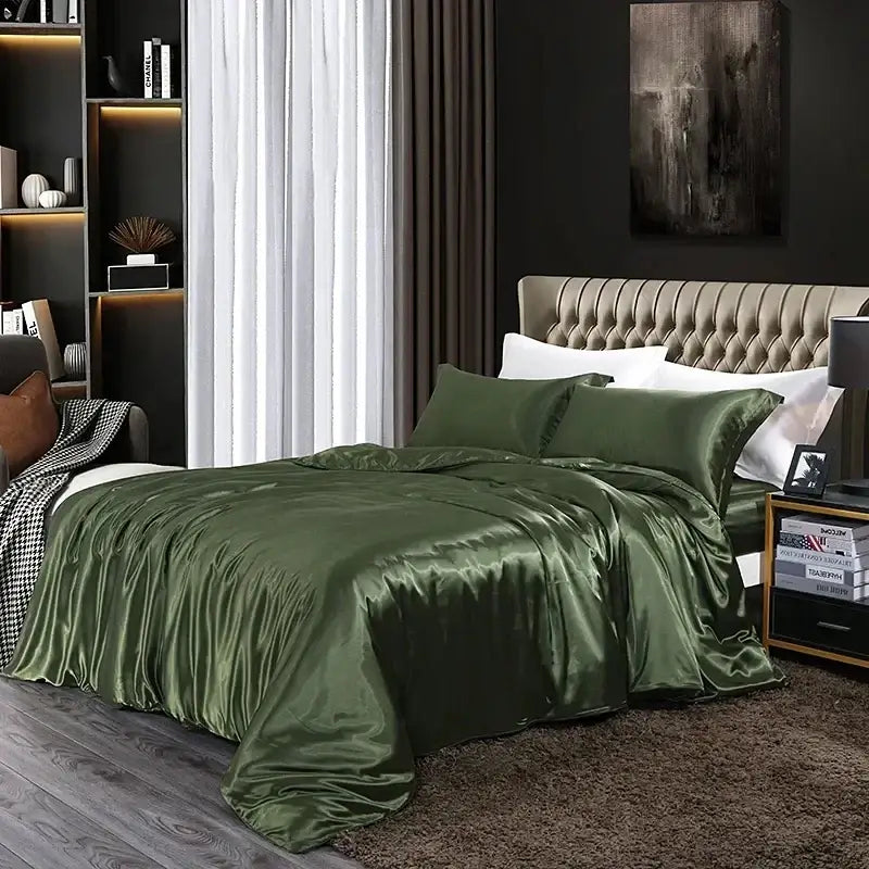 Olive green satin duvet cover set with matching pillowcases from decorbites premium bedding collection for bed sheet use