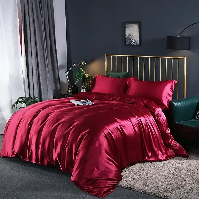 Rich crimson satin bed sheet and duvet cover set from decorbites premium bedding collection with glossy finish pcs suitable